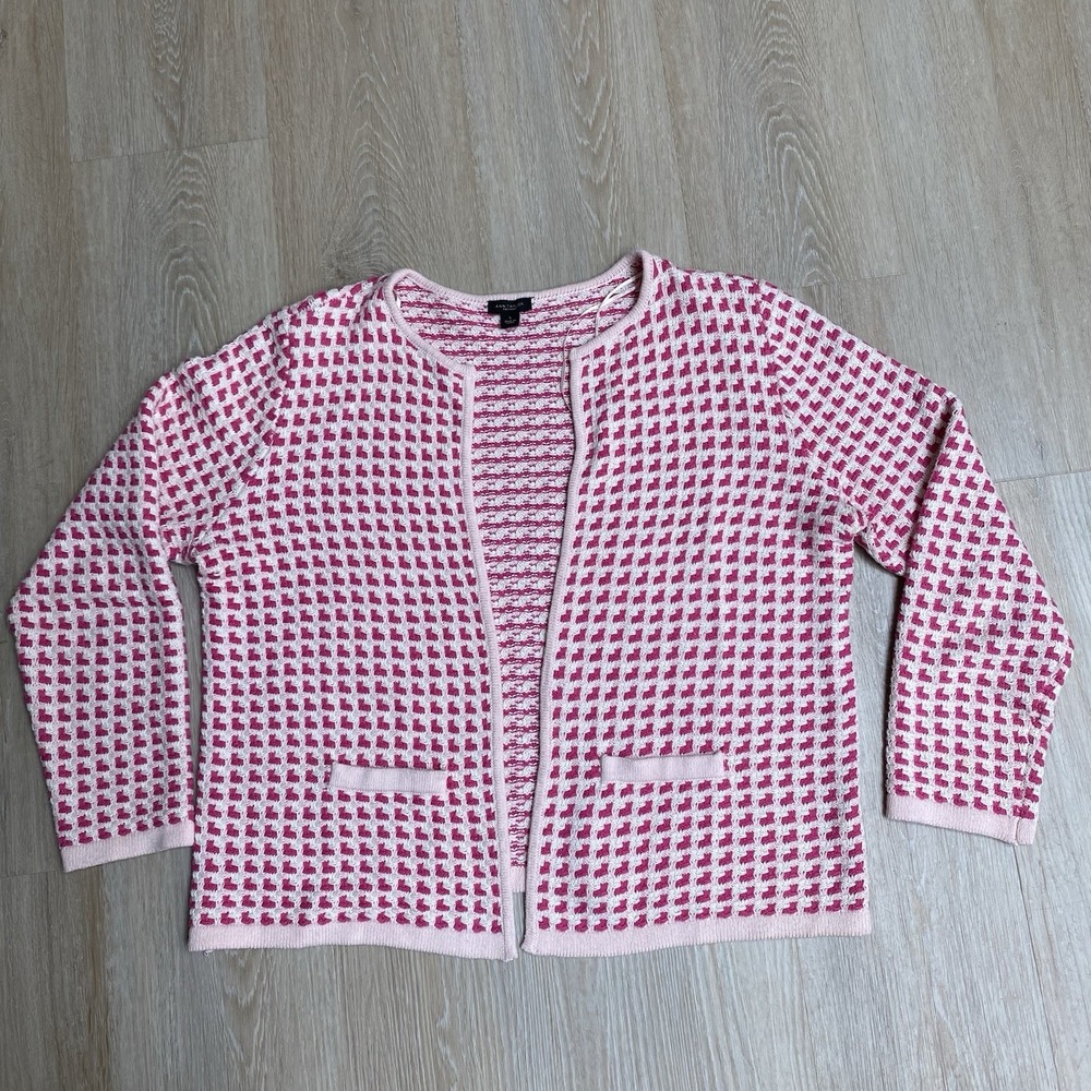 Ann Taylor Factory Pink Houndstooth Knit Open Front geometric Cardigan Sweater L